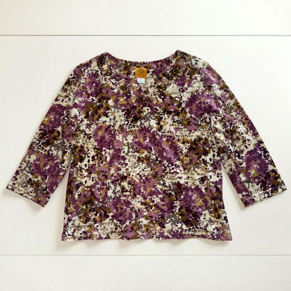 Ruby Rd. Women's Purple Multi-Color Patterned Beaded Neckl 3/4 Sleeve Sz PL